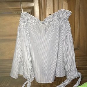 Stripe up down Off The Shoulder Sleeves with bow